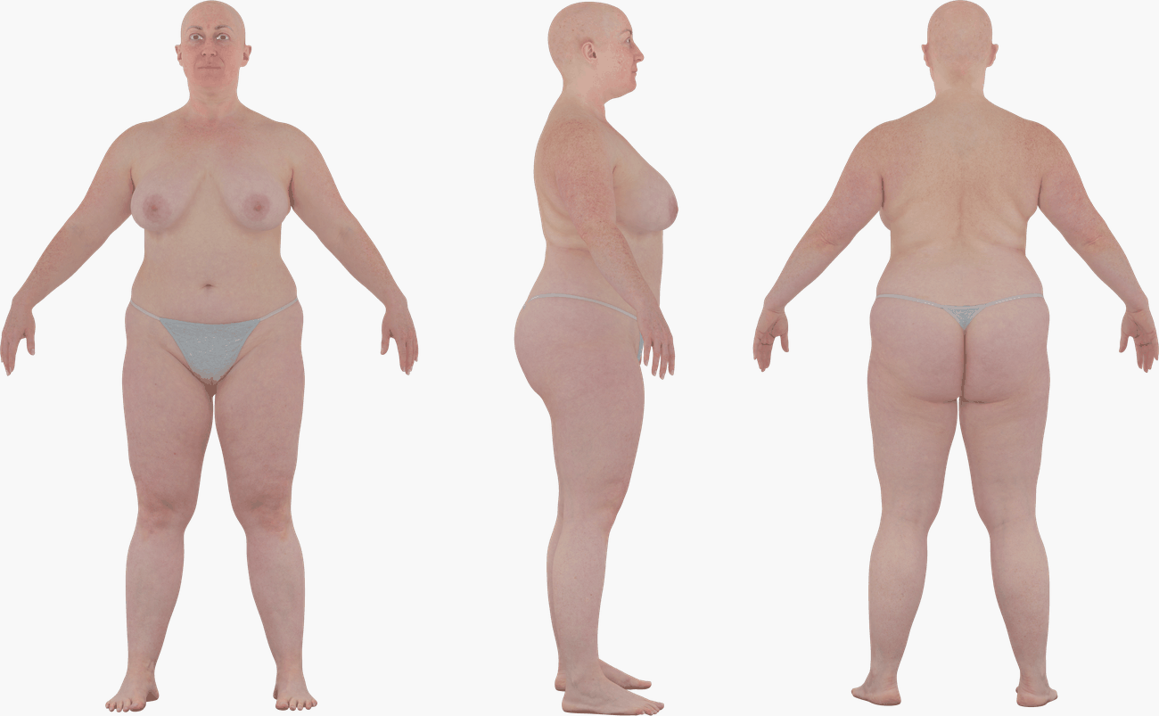 PBR texture map set for a fuller-figured female 3D body scan including albedo, normals, specular, and metalness maps